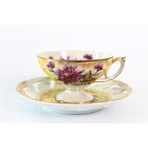 Antique Tea Cup and Saucer Japan Lusterware Yellow Pink Gold
